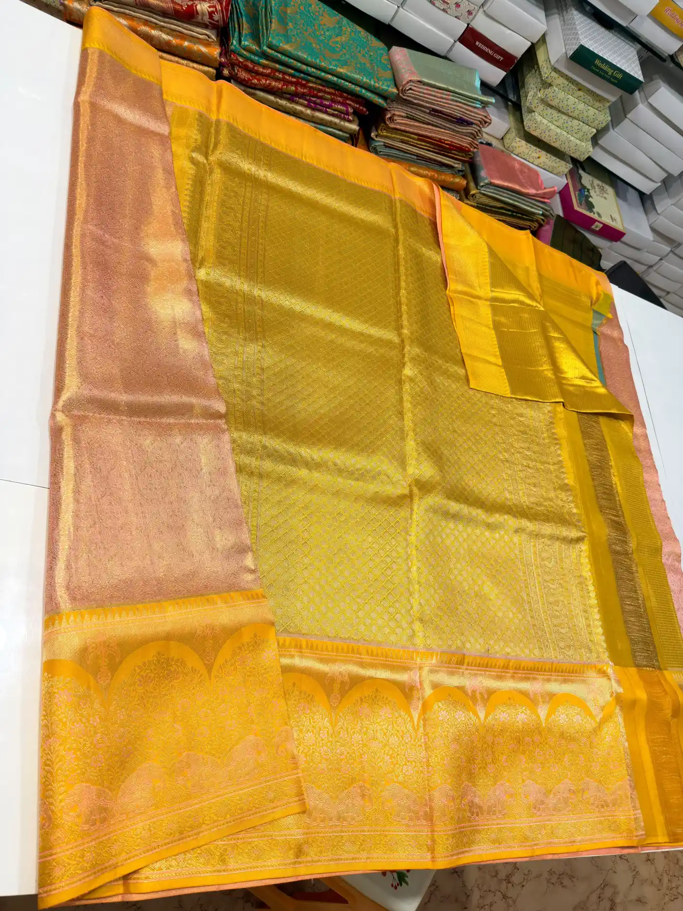 Rose Gold Kanchipuram Handloom Bridal Silk Tissue Brocade Saree